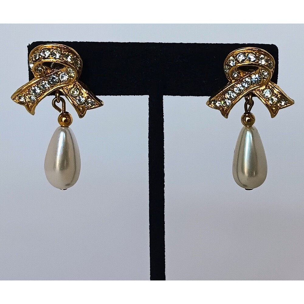 Clear Rhinestone Gold Tone Bow Faux Pearl Dangle Post Earrings Vintage 1.75 in - Picture 7 of 11